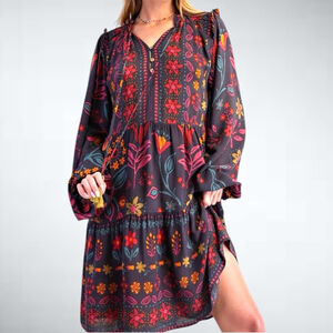Easel Floral Print Long Sleeves Tiered Dress in Smoke Size S